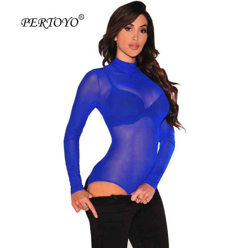 Nude Mesh Bodysuit Rompers Bodycon Jumpsuit Turtleneck Skinny Bodysuits Transparent New Women Sexy Body Clothing(#Blue)