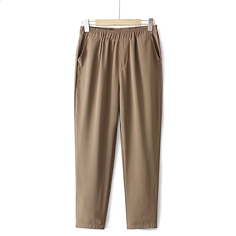 (Khaki)Plus Size Women's Clothing Pants Elastic Waist Solid Color Non-Elastic Commuter Trousers Spring And Autumn Large Size Trousers SAB