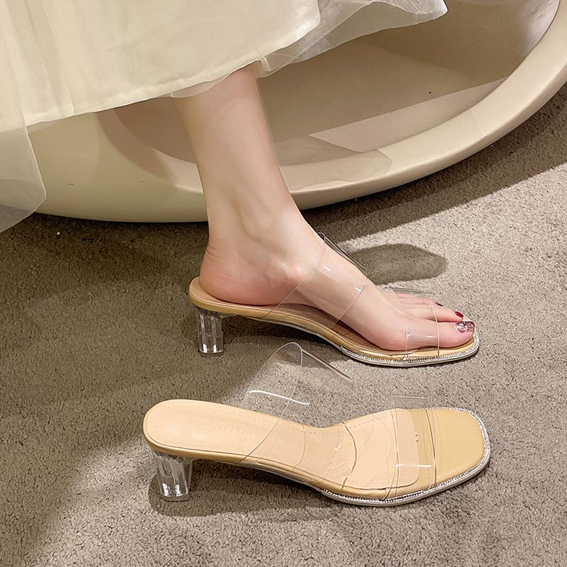 5cm Square Toe Crystal Clear Strap Chunky Heeled Sandals