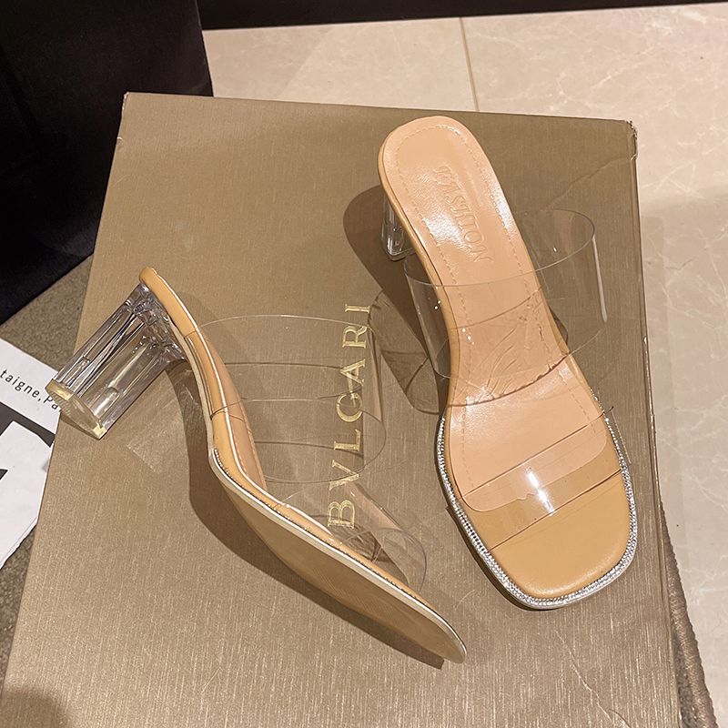 5cm Square Toe Crystal Clear Strap Chunky Heeled Sandals