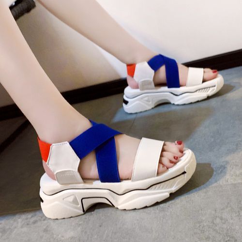 Ladies Newest Flat Fancy Slippers Women Fashion Slope Heel Slippers Casual Slippers Sandals Fish Mouth-Blue