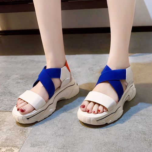 Ladies Newest Flat Fancy Slippers Women Fashion Slope Heel Slippers Casual Slippers Sandals Fish Mouth-Blue