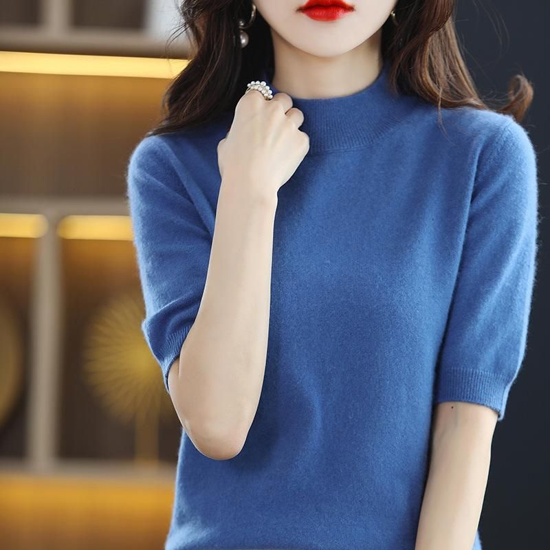 Spring and summer loose all-match wool knitted short-sleeved women's large size round neck solid color bottoming shirt knitted T-shirt thin section Fog blue XL