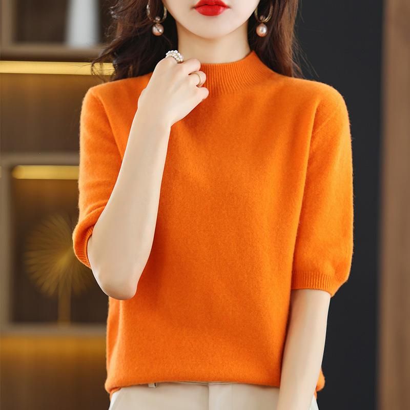 Spring and summer loose all-match wool knitted short-sleeved women's large size round neck solid color bottoming shirt knitted T-shirt thin section Fog blue XL