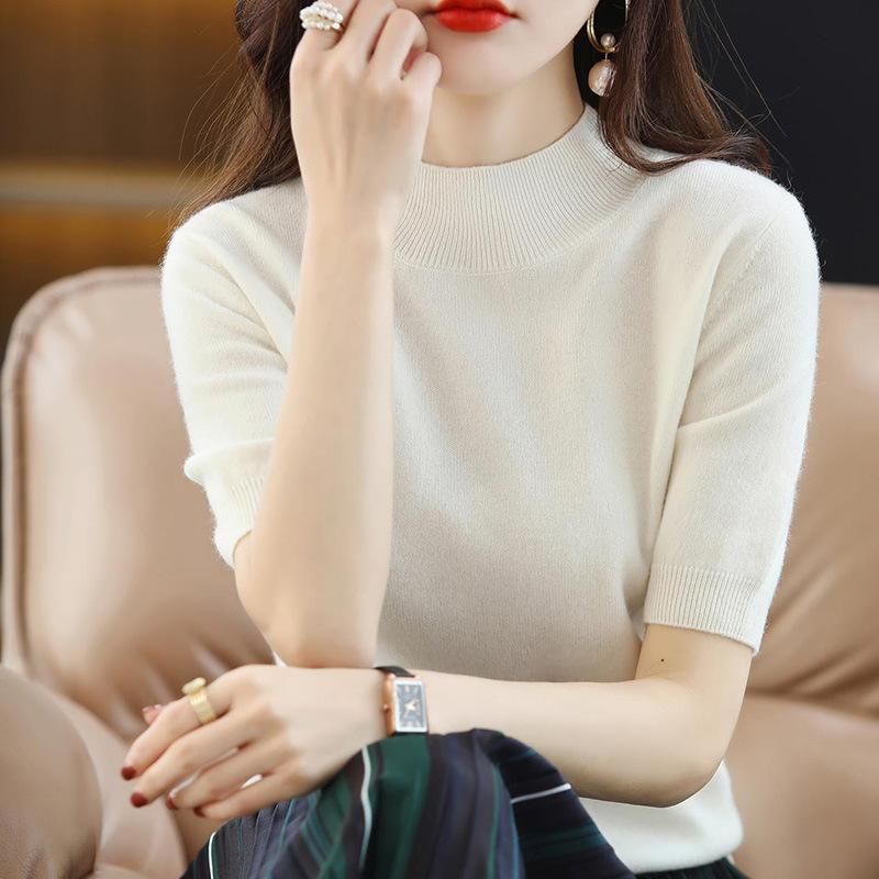 Spring and summer loose all-match wool knitted short-sleeved women's large size round neck solid color bottoming shirt knitted T-shirt thin section Fog blue XL