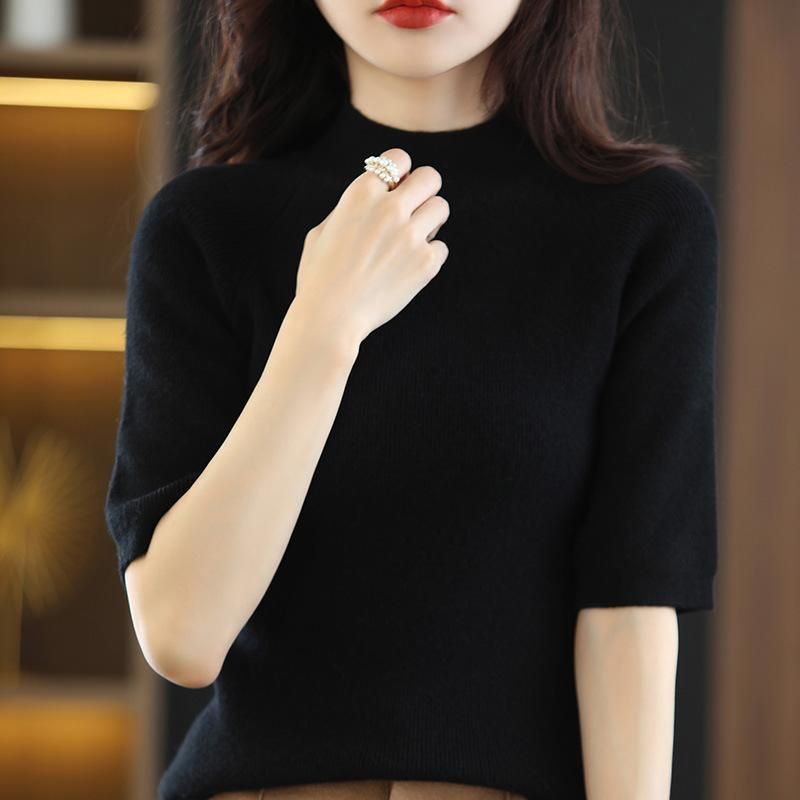 Spring and summer loose all-match wool knitted short-sleeved women's large size round neck solid color bottoming shirt knitted T-shirt thin section Fog blue XL