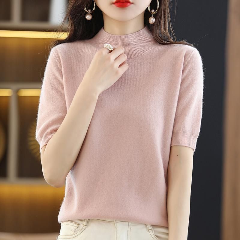 Spring and summer loose all-match wool knitted short-sleeved women's large size round neck solid color bottoming shirt knitted T-shirt thin section Fog blue XL