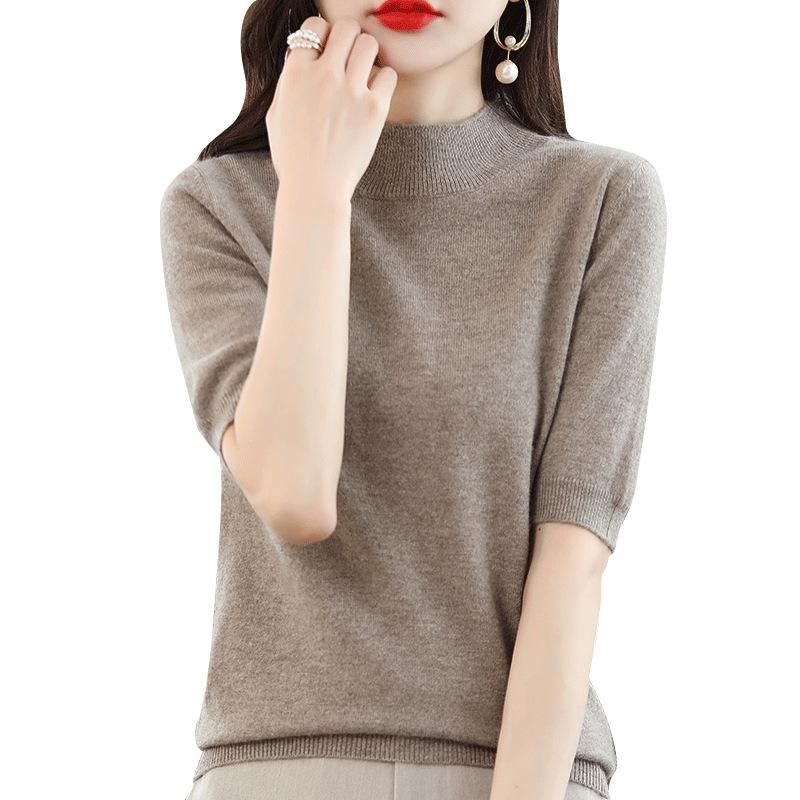 Spring and summer loose all-match wool knitted short-sleeved women's large size round neck solid color bottoming shirt knitted T-shirt thin section Fog blue XL