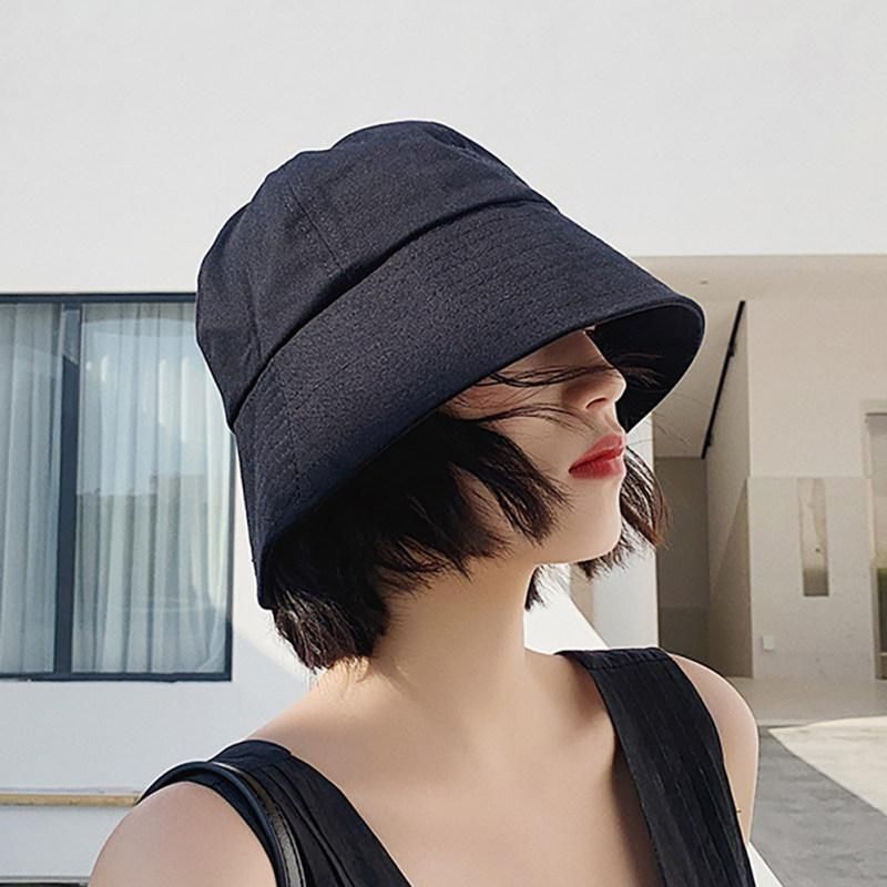 Solid Color Woman Girl Anti Sun Wide Brim Cover Face-Black