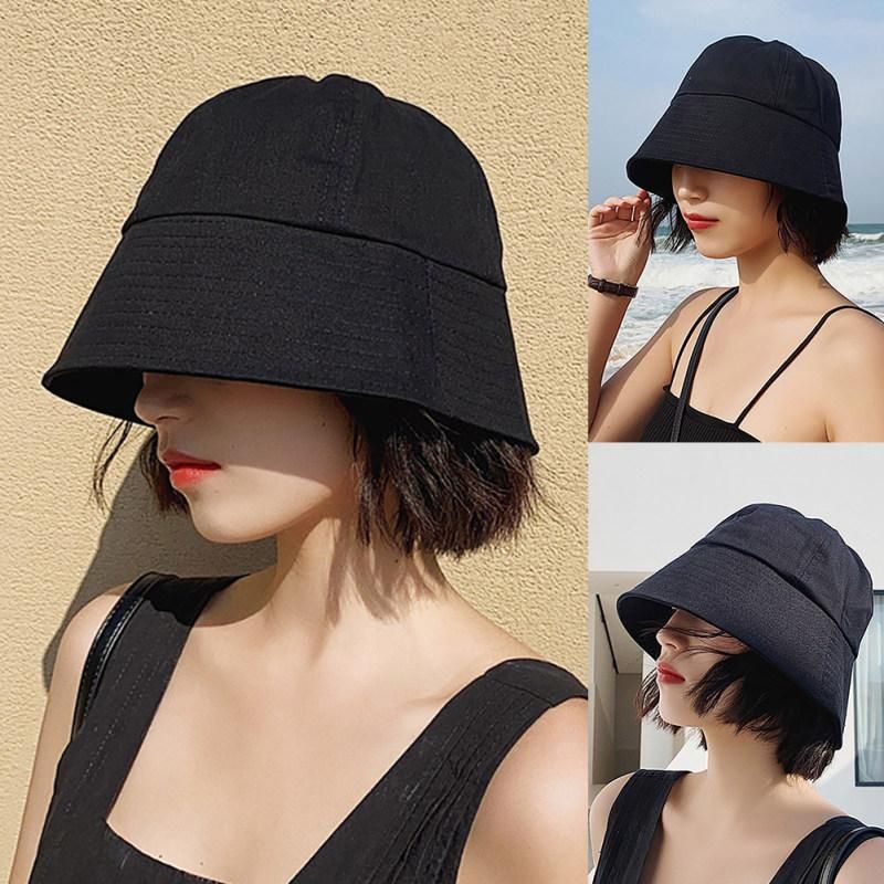 Solid Color Woman Girl Anti Sun Wide Brim Cover Face-Black