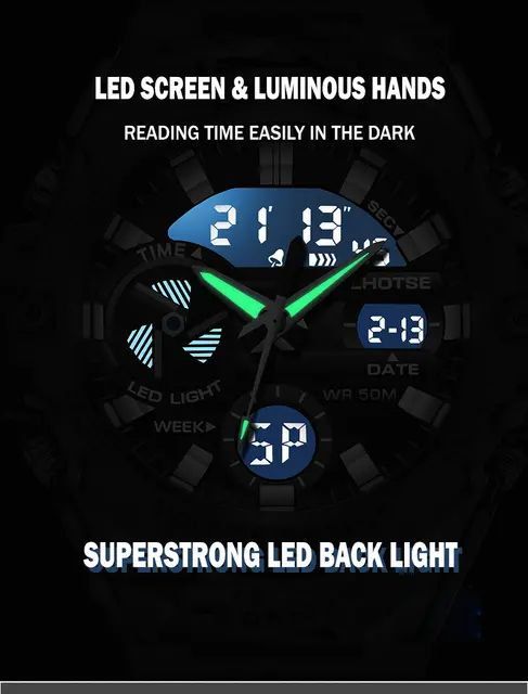 LHOTSE Dual Time Analog Led Waterproof Sports Men Wristwatch