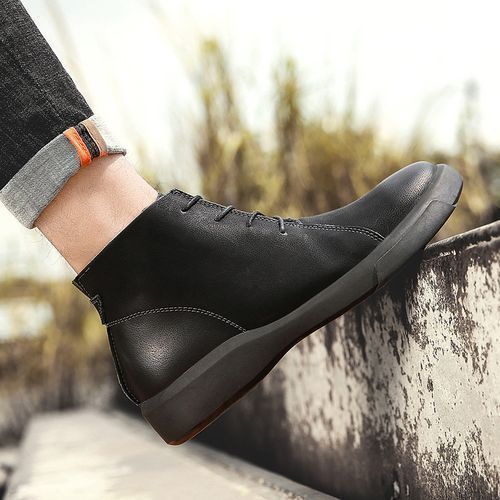 Men's Genuine Leather Boots High Top Martin Boots-Black
