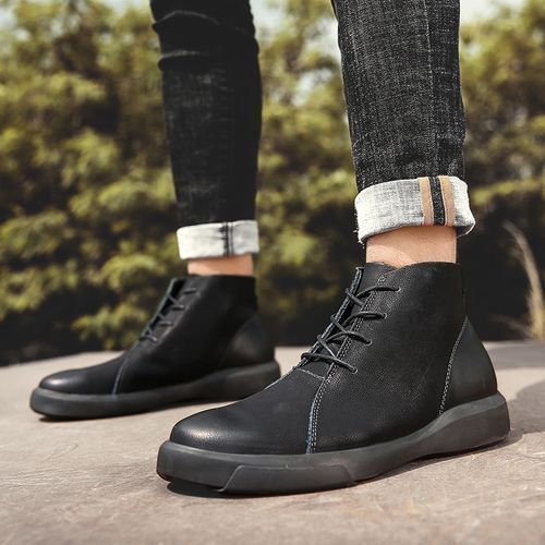 Men's Genuine Leather Boots High Top Martin Boots-Black