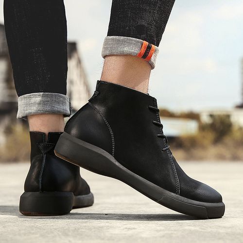 Men's Genuine Leather Boots High Top Martin Boots-Black