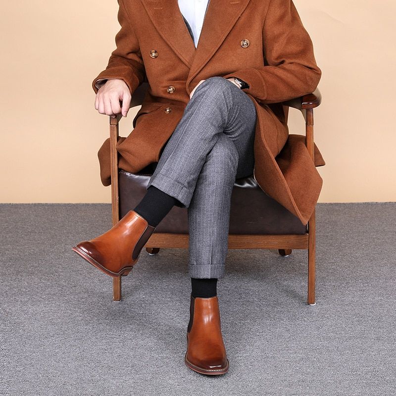 Desai Brand  Men's Chelsea Boots Genuine Calf Leather Bottom Outsole Calf Leather Upper Leather Inner Handmade Boot Shoes-Brown