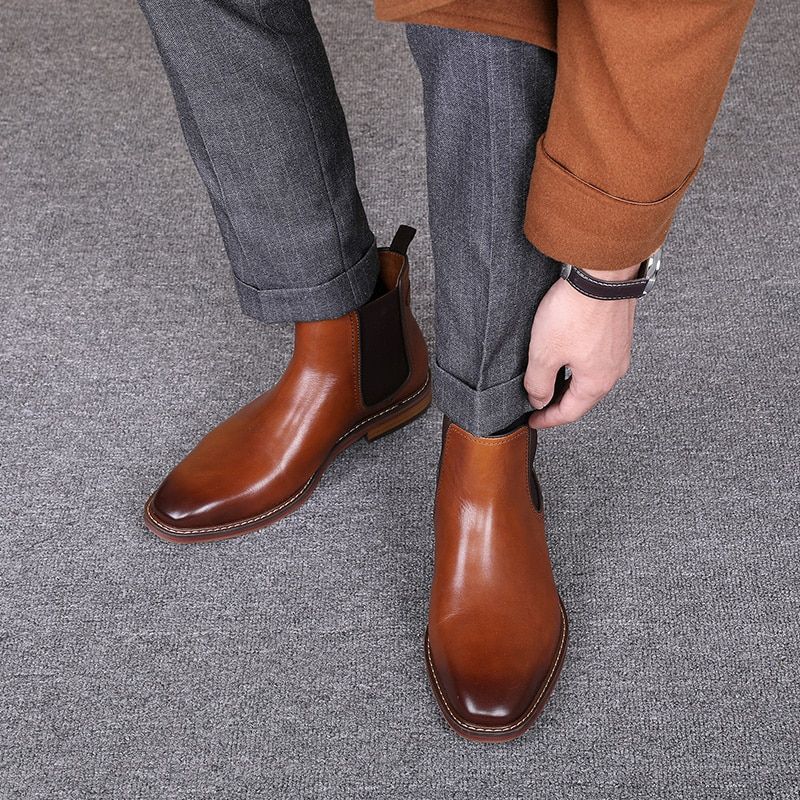 Desai Brand  Men's Chelsea Boots Genuine Calf Leather Bottom Outsole Calf Leather Upper Leather Inner Handmade Boot Shoes-Brown