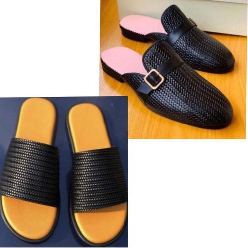 Men's Premium Leather Half Shoe & Leather Cover Slide  - Black