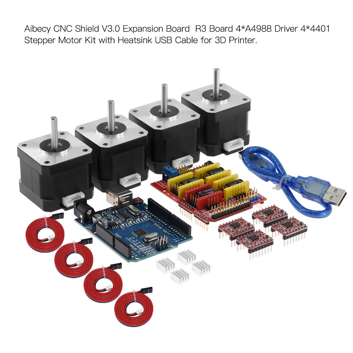 CNC Shield V3.0 Expansion Board R3 Board 4*A4988 Driver 4*4401 Stepper Motor Kit with Heatsink USB Cable for 3D Printer
