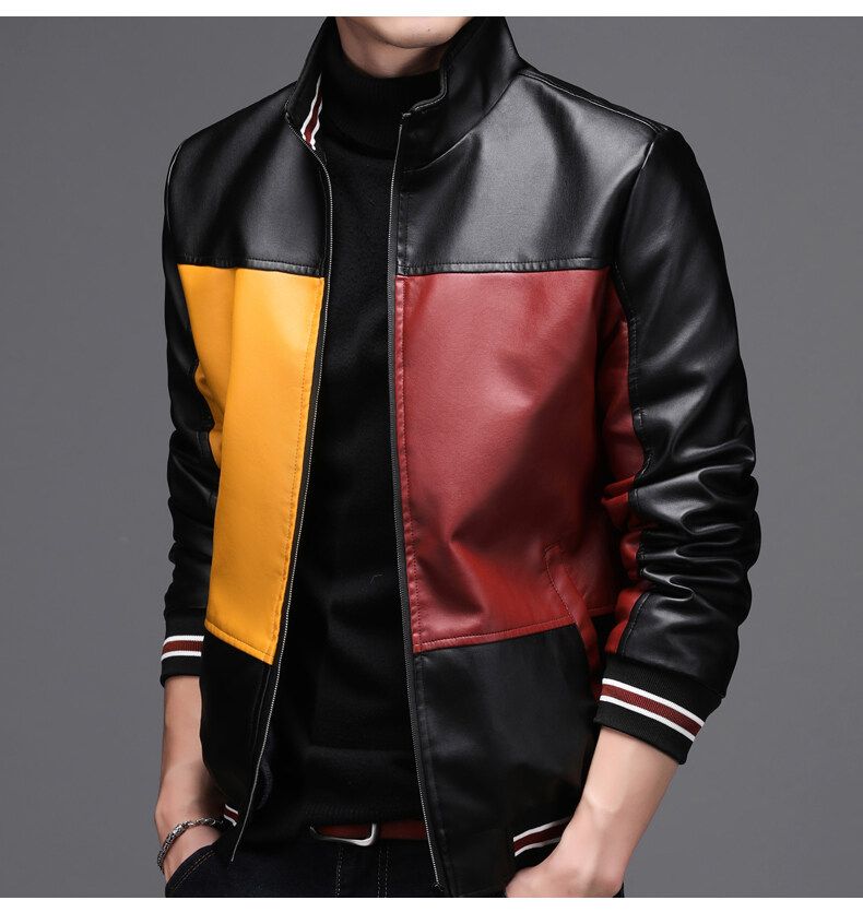 Men's Outdoor Casual Windproof Leather Jacket-Black Red