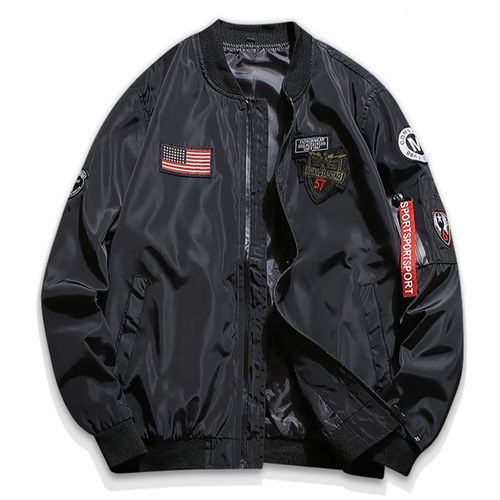 Men Bomber Jacket With Patches Thin Casual Coat - Black