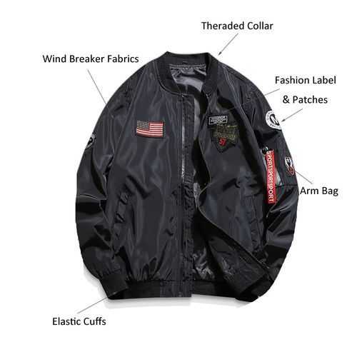 Men Bomber Jacket With Patches Thin Casual Coat - Black