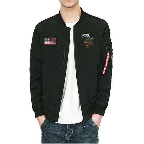 Men Bomber Jacket With Patches Thin Casual Coat - Black