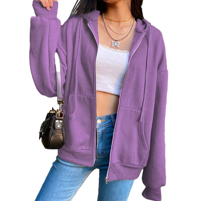 Hoodie Plain Woman Sweatshirt Zip Jackets Purple 2XL
