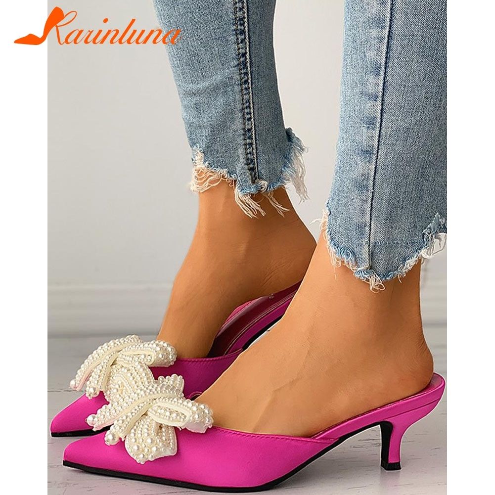 Karinluna 2022 New Fashionable Woman Mules Shoes Pearl Slip-on Low Heels Pointed Toe Ladies Pumps Fly-knot Woman Shoes