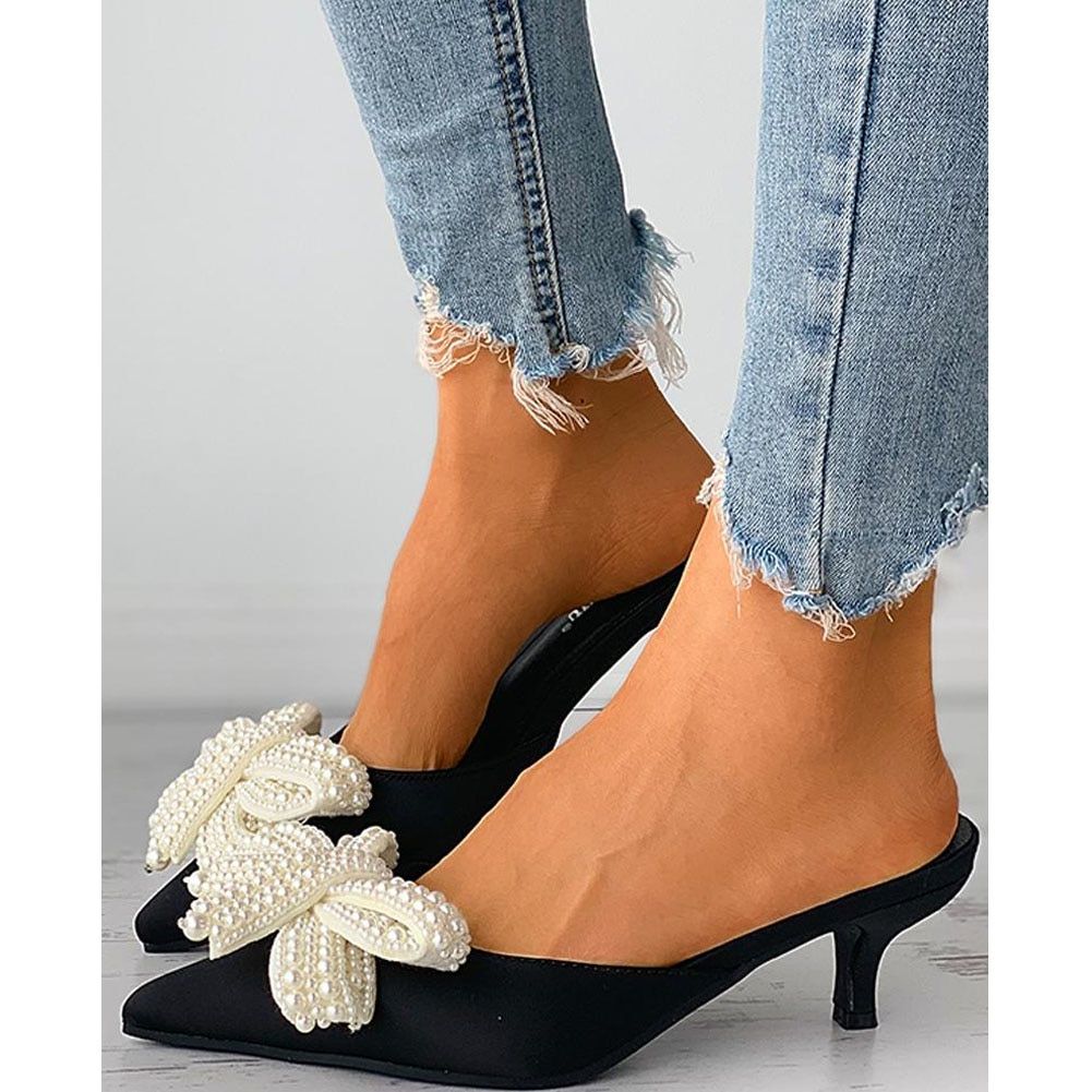 Karinluna 2022 New Fashionable Woman Mules Shoes Pearl Slip-on Low Heels Pointed Toe Ladies Pumps Fly-knot Woman Shoes