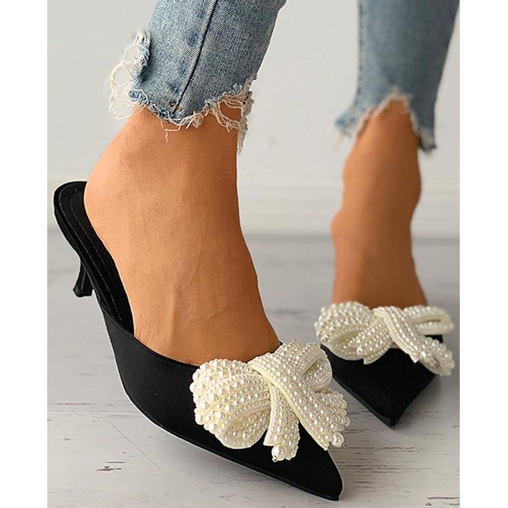 Karinluna 2022 New Fashionable Woman Mules Shoes Pearl Slip-on Low Heels Pointed Toe Ladies Pumps Fly-knot Woman Shoes