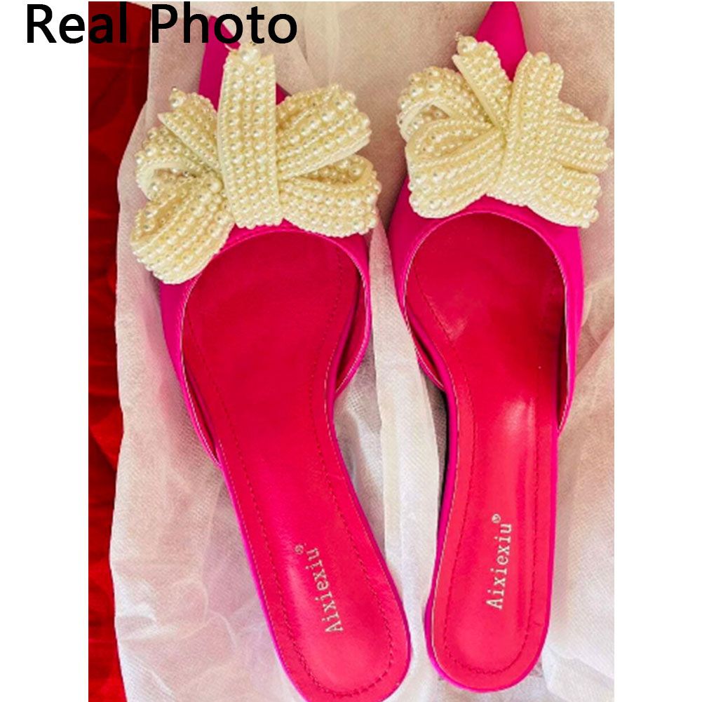 Karinluna 2022 New Fashionable Woman Mules Shoes Pearl Slip-on Low Heels Pointed Toe Ladies Pumps Fly-knot Woman Shoes