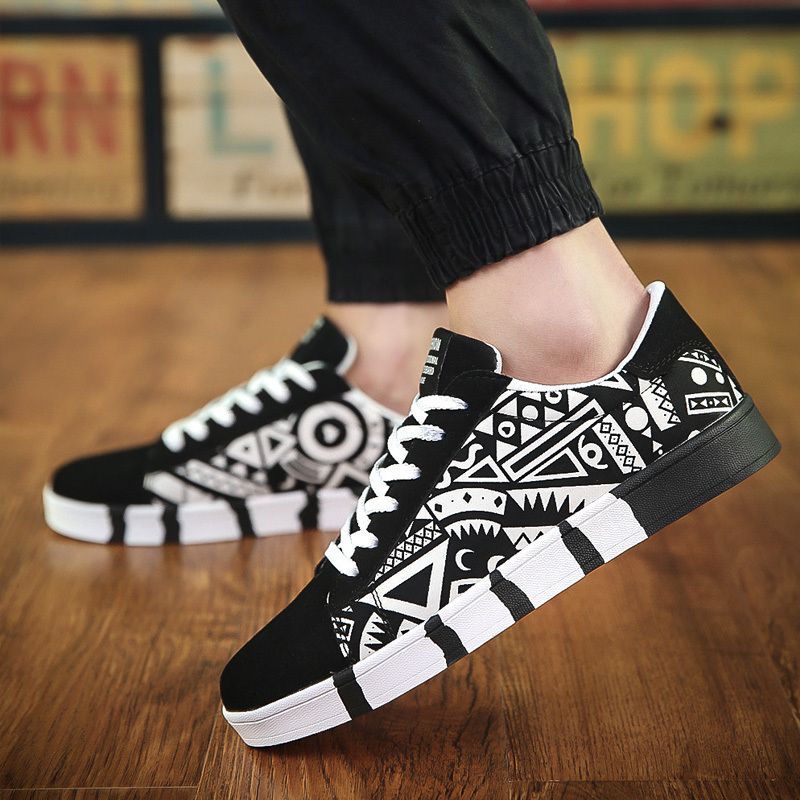 Mens Multicolor Sneakers Lace-up Canvas Shoes-Black
