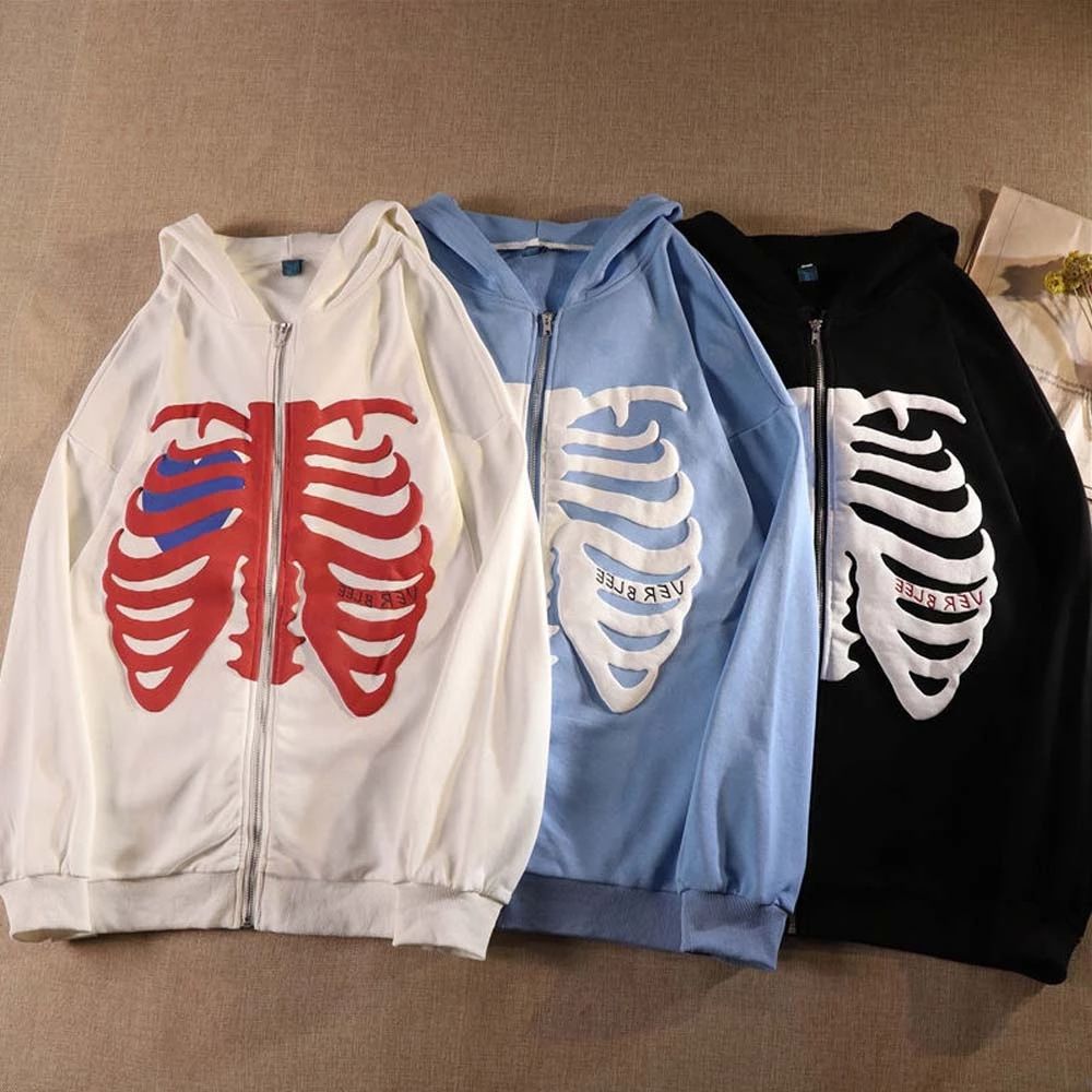 Skeleton Print Hoodies Men Women Y2k Harajuku Long Sleeve Zipper Jacket Sweater
