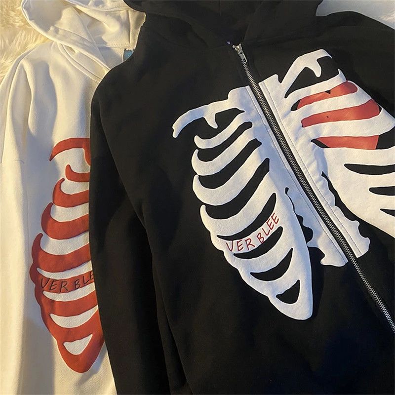 Skeleton Print Hoodies Men Women Y2k Harajuku Long Sleeve Zipper Jacket Sweater