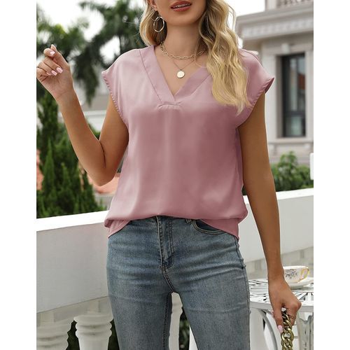 Light Pink Cap Sleeve Silk Tops V Neck Satin Blouse Elegant Loose Fit Shirt Available In S-5XL