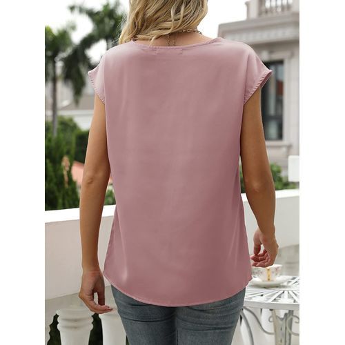 Light Pink Cap Sleeve Silk Tops V Neck Satin Blouse Elegant Loose Fit Shirt Available In S-5XL