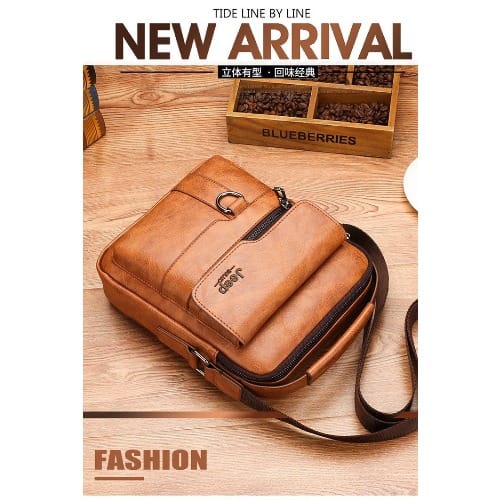 Men's Leather Shoulder Bag - Brown - 26cm X 22cm X 6cm