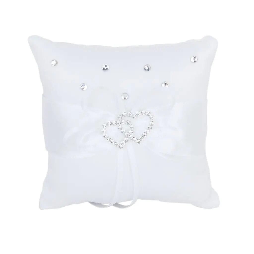 White Double Heart Rhinestone Ring Pillow Wedding Ring Bearer Cushion 10*10cm