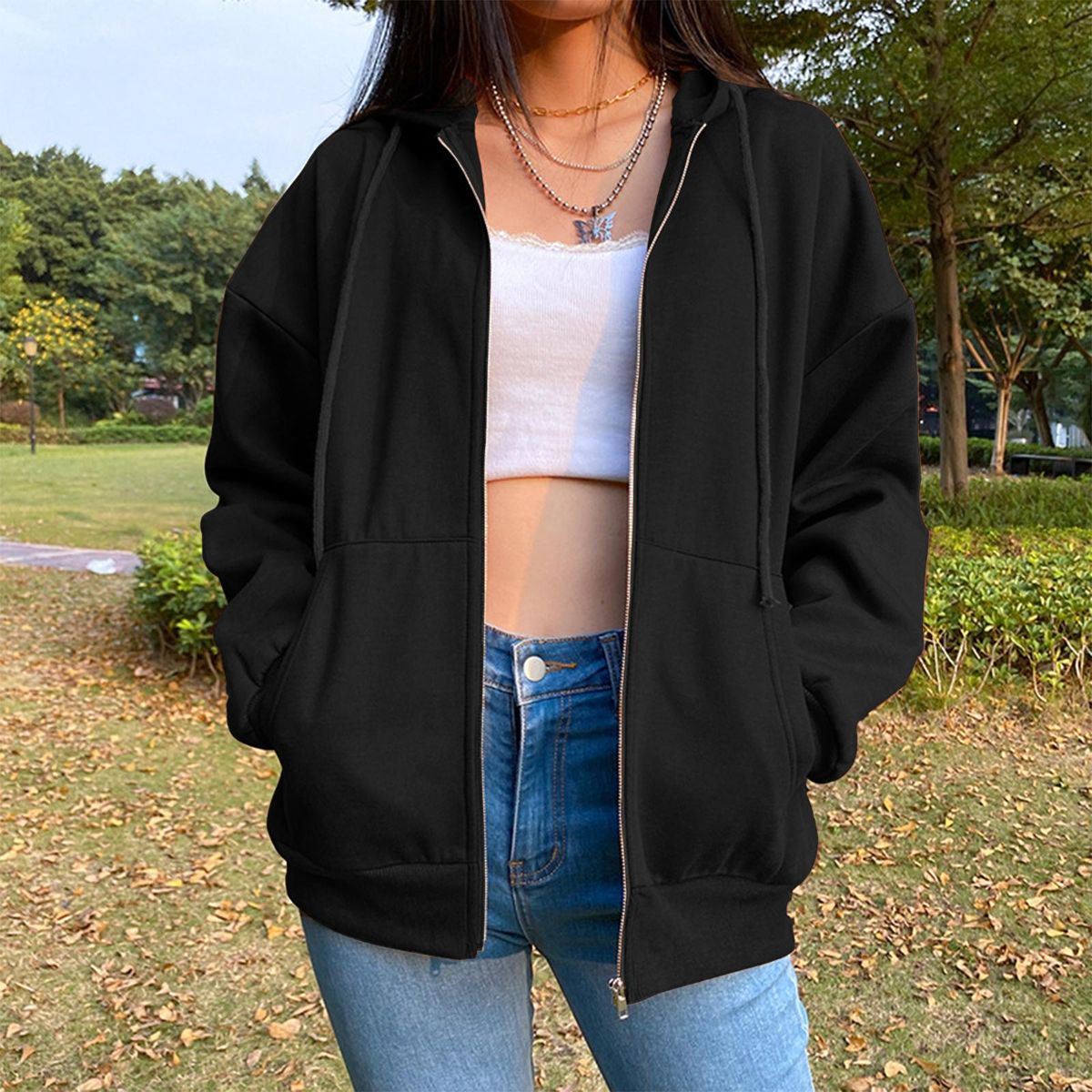 Fashion Women's Full Zip Up Hoodie Retro Hooded Jacket With Black L