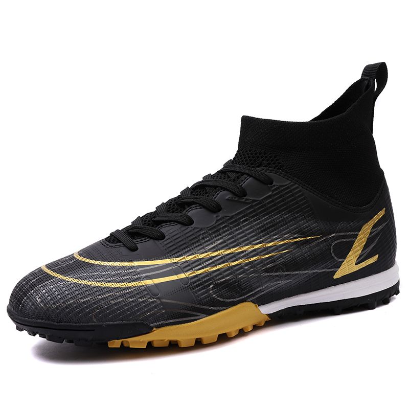Unisex Hight-top Leather Sneakers Turf Ground Football Shoes-Black
