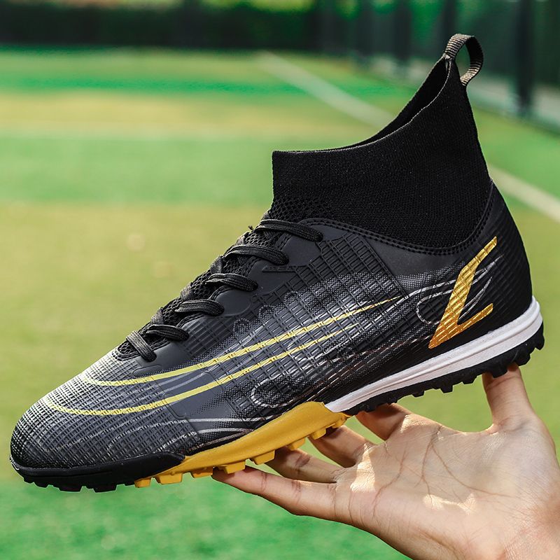 Unisex Hight-top Leather Sneakers Turf Ground Football Shoes-Black