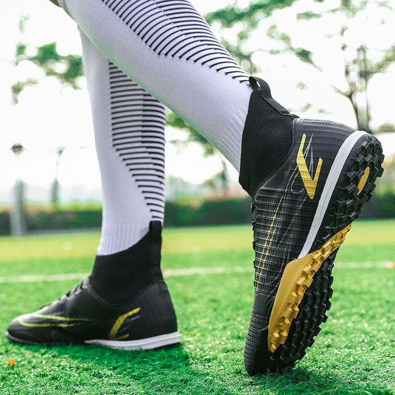 Unisex Hight-top Leather Sneakers Turf Ground Football Shoes-Black