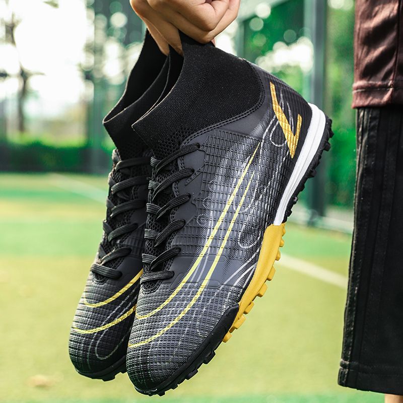 Unisex Hight-top Leather Sneakers Turf Ground Football Shoes-Black