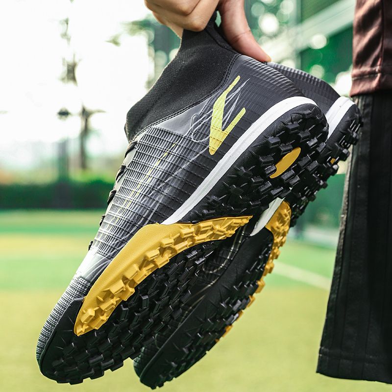 Unisex Hight-top Leather Sneakers Turf Ground Football Shoes-Black
