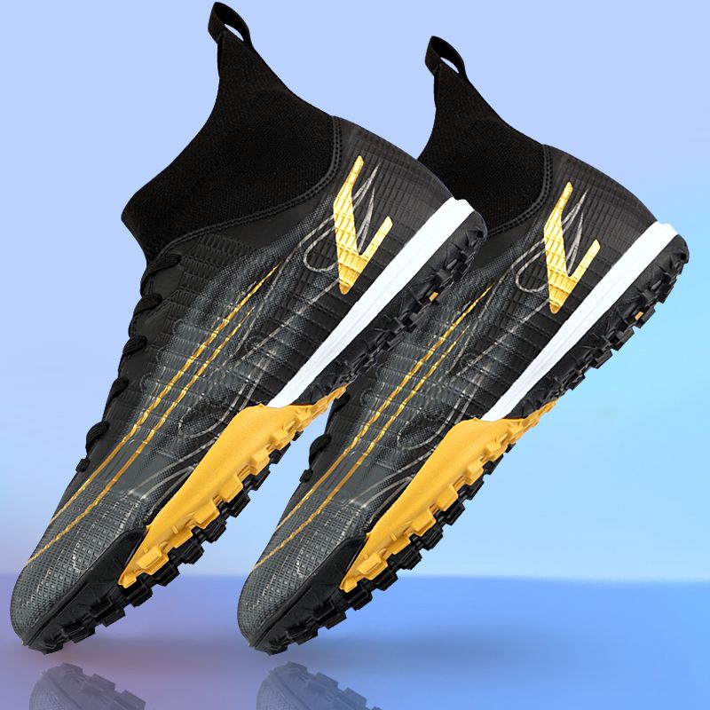 Unisex Hight-top Leather Sneakers Turf Ground Football Shoes-Black