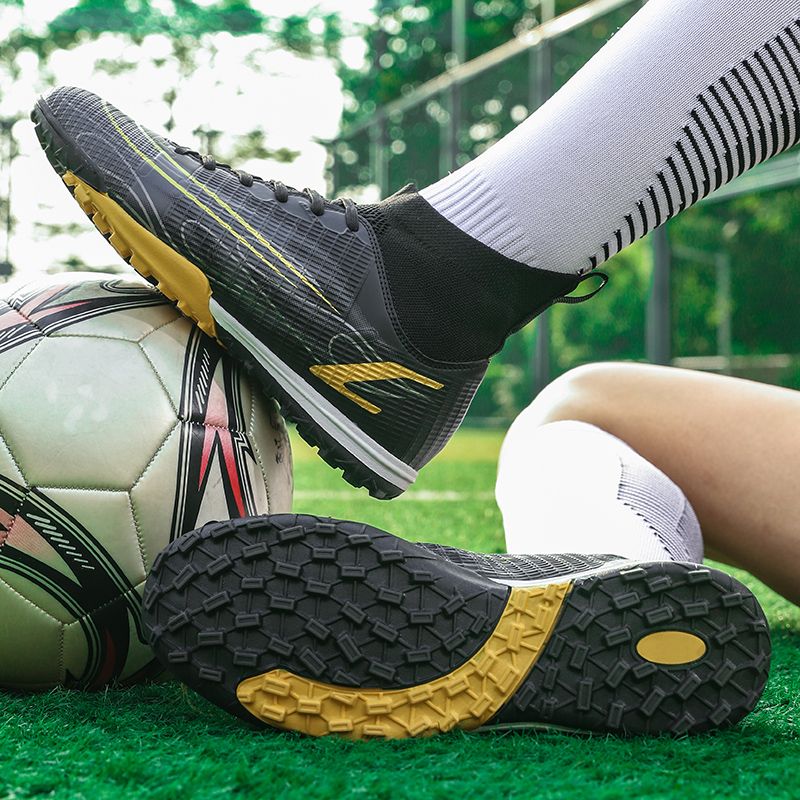 Unisex Hight-top Leather Sneakers Turf Ground Football Shoes-Black
