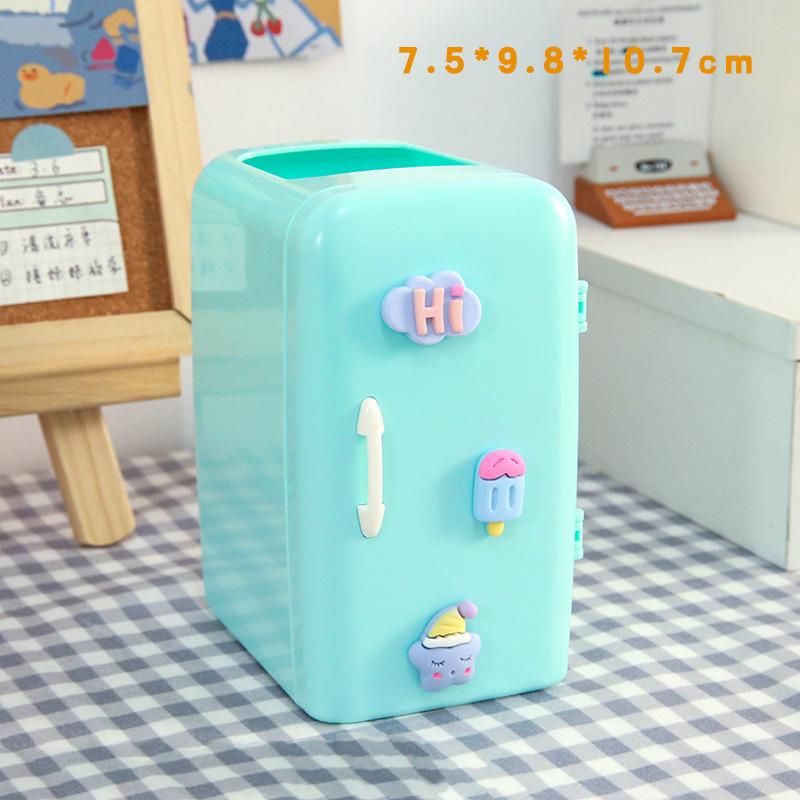 Cute Mini Fridge Pen Holder With Sticker Kawaii Plastic Creative Desk Organizer For Pens Makeup Brush Home Office Storage Box