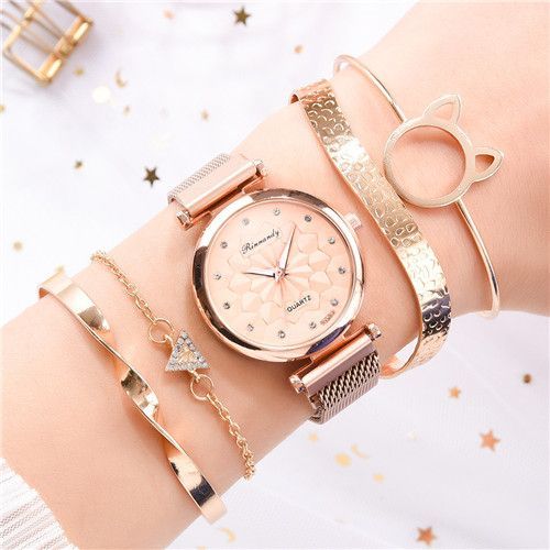 5pcs/set Ladies Fashion Trend Flower Dial Mesh Strap Quartz Watch + Bracelet Set