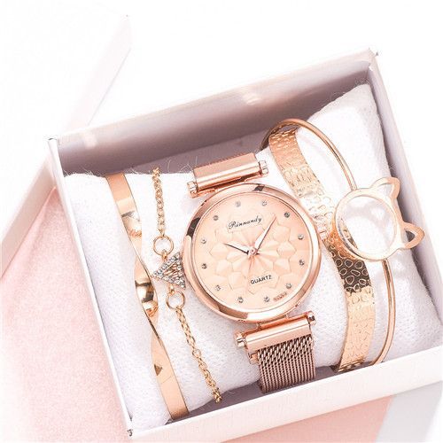 5pcs/set Ladies Fashion Trend Flower Dial Mesh Strap Quartz Watch + Bracelet Set