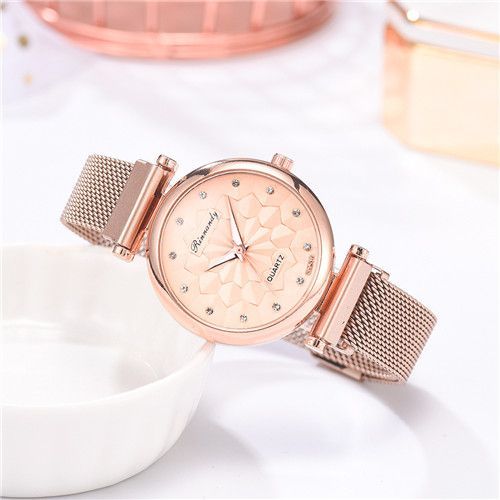 5pcs/set Ladies Fashion Trend Flower Dial Mesh Strap Quartz Watch + Bracelet Set